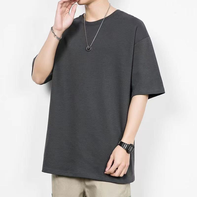 Heavyweight Pure Cotton Short-Sleeve T-Shirt for Men, Japanese-style Minimalist Loose Fit, Versatile American Casual Top for Summer