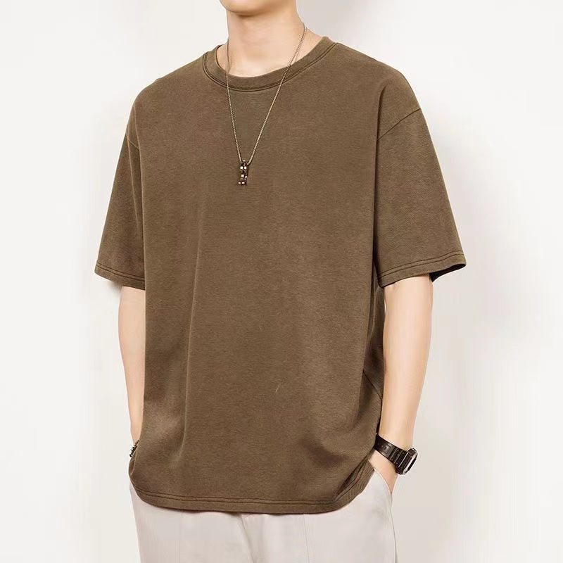 Heavyweight Pure Cotton Short-Sleeve T-Shirt for Men, Japanese-style Minimalist Loose Fit, Versatile American Casual Top for Summer