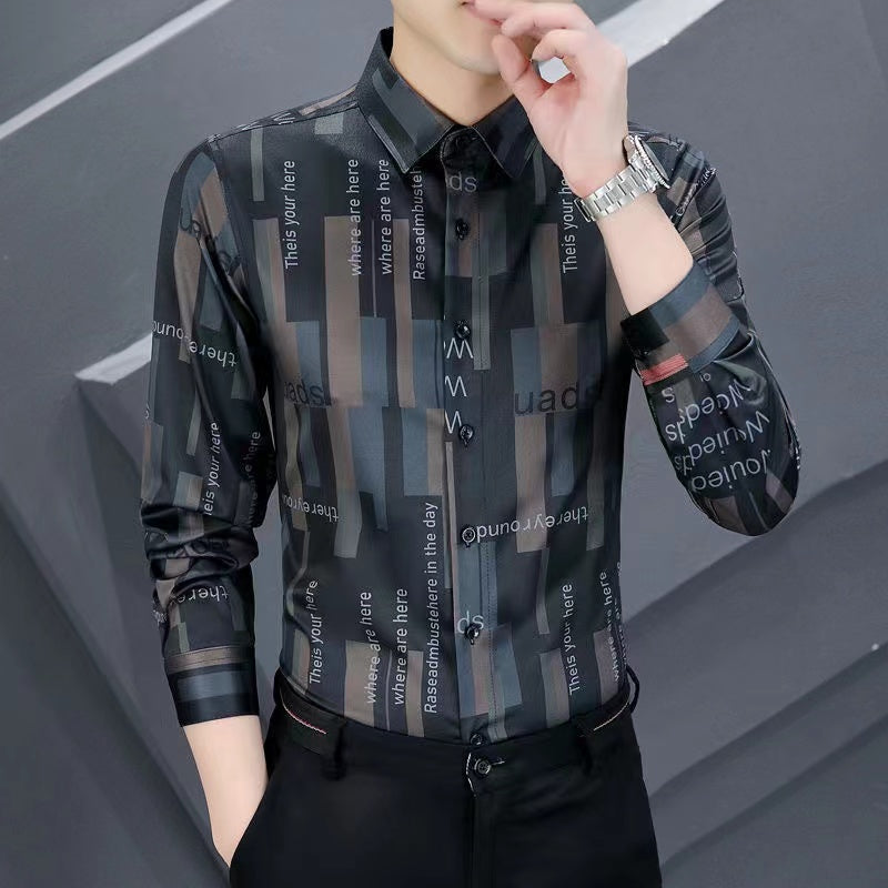 Spring and Autumn Seasons, Casual Business Wrinkle-resistant Long-Sleeve Shirt for Men, Striped Elastic Dress Shirt, Trendy Slim Fit Handsome Shirt for Men
