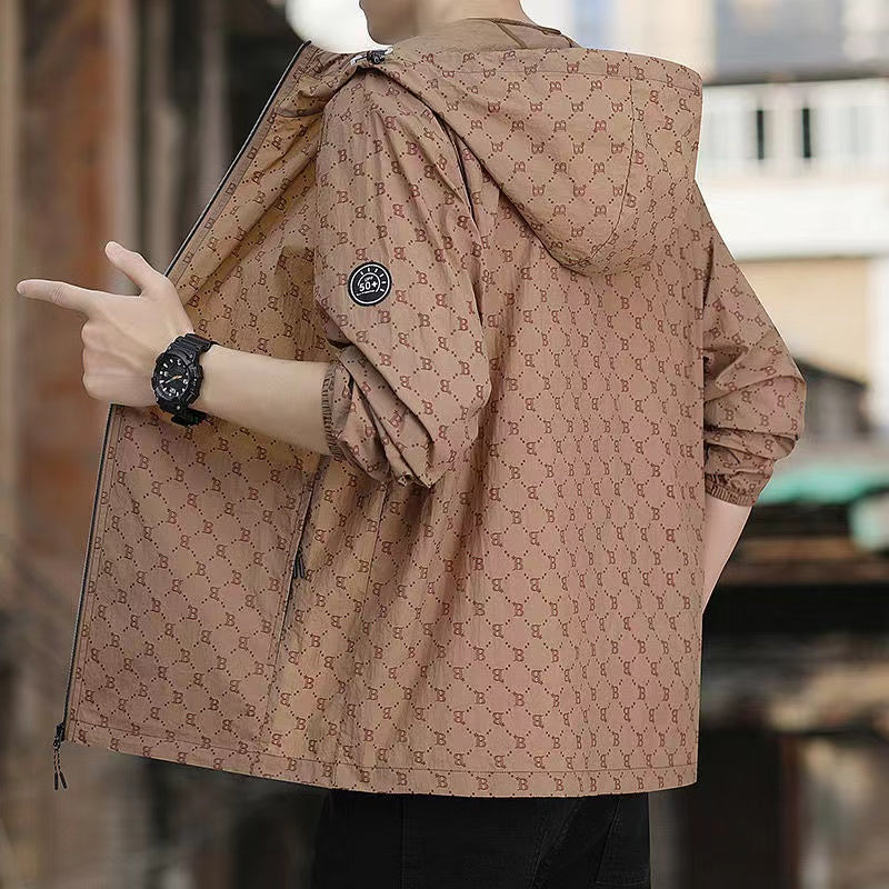 New Ice Silk Sun Protection Jacket for Men, Summer Thin Loose Fit Hooded Outerwear, Trendy Outdoor Fishing Sports Jacket